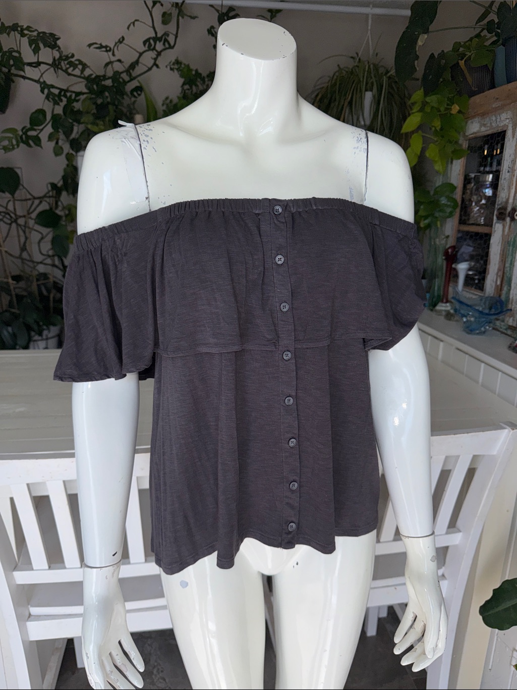 Soft & Sexy Off-Shoulder Button-Front Women’s Top In Charcoal Gray M